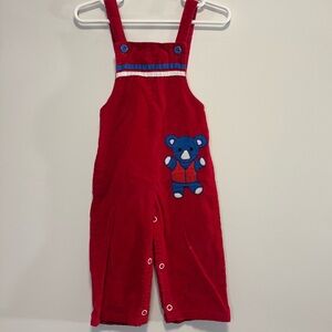 Vintage Red Corduroy Overalls Blue Bear Appliqué Baby Boy Size 12 Months
